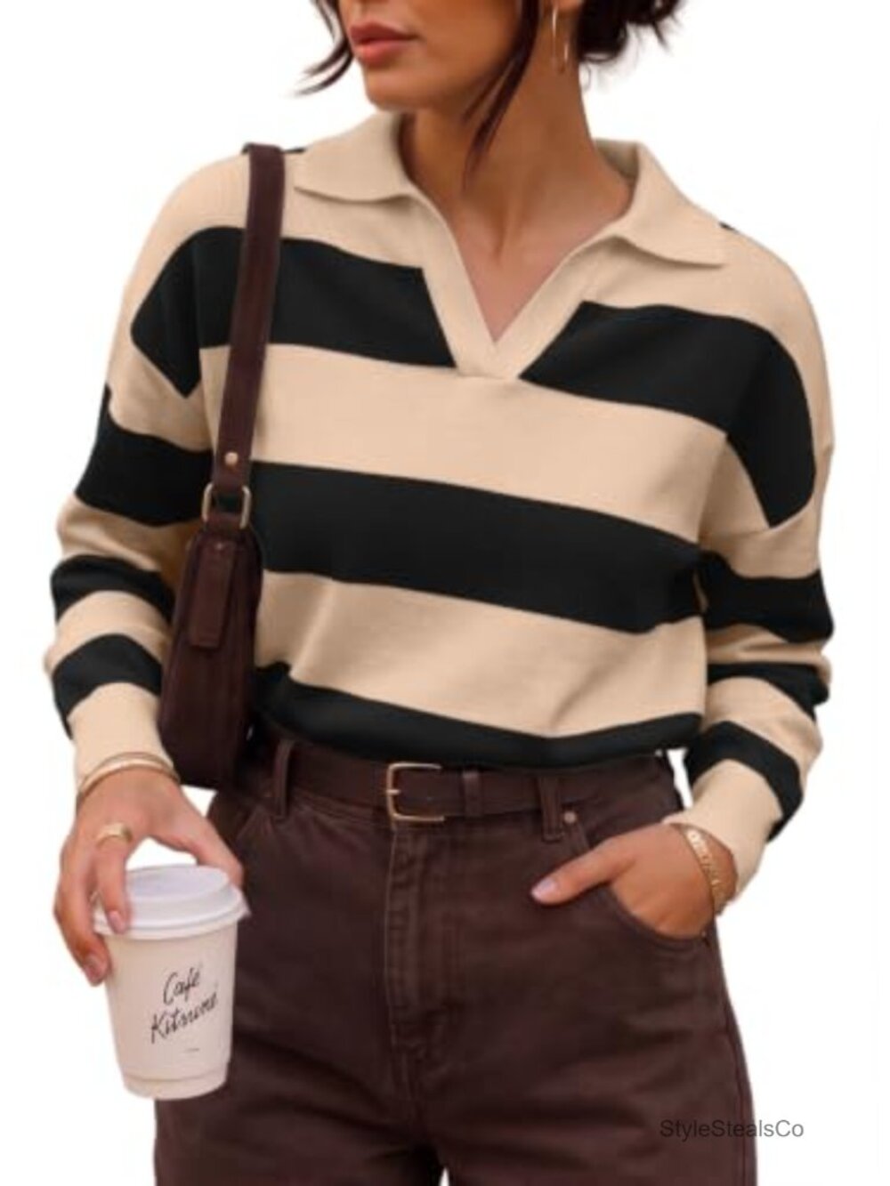 Women's Striped Polo Sweater Oversized Knit Pullover Long Sleeve